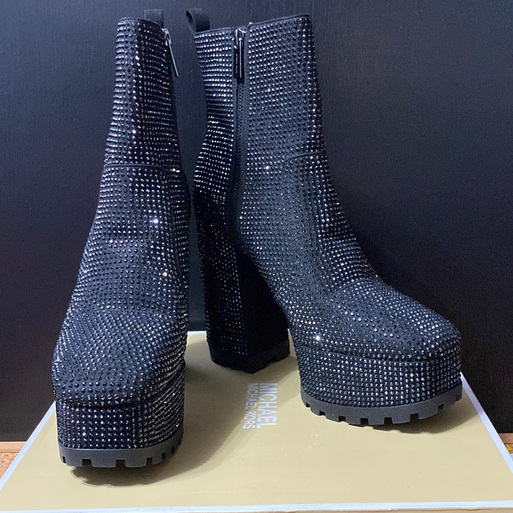 BRAND NEW!! Black Michael Kors Enya Rhinestone Embellished Platform Booties